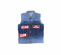 Vintage Y2K blue denim sleeveless MediaMarkt promo battle jacket red Japanese style patches size med