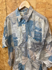 Vintage 90s men’s ugly abstract pastels pattern 100% silk beige grey blue festival short sleeve shir