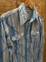 Vintage70s white blue abstract pattern polyester western cowboy shirt size large