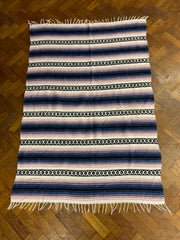Vintage Mexican Serape Blanket Southwestern Stripes Pink Blue Black White Fringe