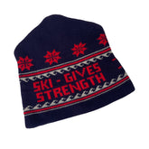 Vintage Ski - Gives Strength Knit Beanie Hat Navy Blue Red White