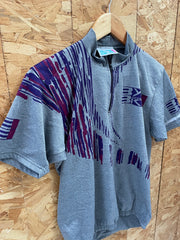 Vintage BKE Sportswear Grey Purple Abstract Print 1/4 Zip Short Sleeve Cycle Jersey M