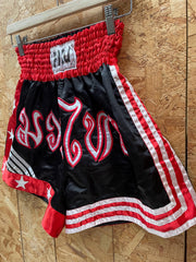 Vintage Thai boxing combat shorts black red stars & stripes traditional script size medium