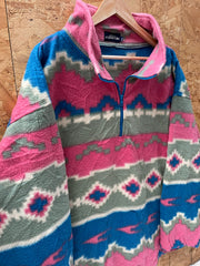 Vintage 90s pink green aztec pattern crazy fleece quarter zip size XXL by Ansons
