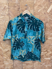 Vintage 90s teal olive green bold leaf pattern hawaiian ugly party shirt sleeve shirt by Hilo Hattie