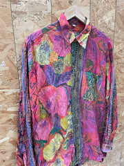 Vintage 90s bold fuschia pink green yellow floral crazy abstract pattern long sleeve rayon viscose s