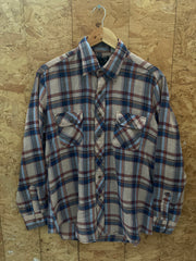 Vintage 90s beige blue check polyester cotton mix permanent press shirt size M