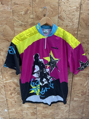 Vintage Diadora Cycling MTB Jersey Shirt XL Pink Yellow Black BMX Bike Graphic