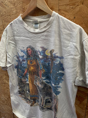 Vintage 90s Native girl and wolf souvenir off white t-shirt size large by Delta