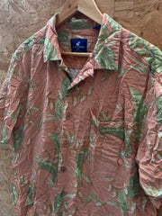 Vintage 90s 100% silk pink green hibiscus pattern Hawaiian shirt size large