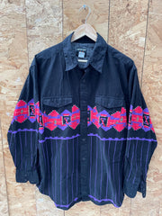 Vintage 90s black cotton western shirt with purple Aztec Navajo chest band pattern size large by Fro