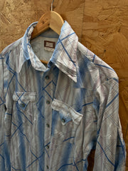 Vintage70s white blue abstract pattern polyester western cowboy shirt size large