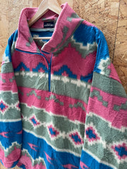 Vintage 90s pink green aztec pattern crazy fleece quarter zip size XXL by Ansons