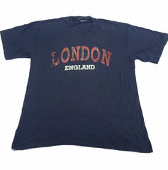 Vintage 90s London England UK tartan check spell out souvenir navy blue t shirt size large