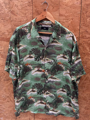 Vintage 90s rayon green brown hibiscus pattern Hawaiian shirt size XL by C&A
