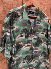 Vintage 90s rayon green brown hibiscus pattern Hawaiian shirt size XL by C&A