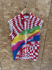 Vintage Ciclo Sport Cycling Vest M Red White Rainbow "Sports" Print Full Zip