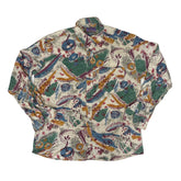 Vintage 90s yellow green beige abstract scrapbook pattern ugly print long sleeve shirt size large