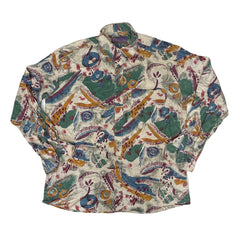Vintage 90s yellow green beige abstract scrapbook pattern ugly print long sleeve shirt size large