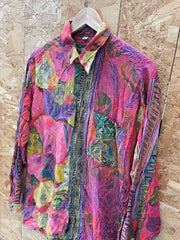 Vintage 90s bold fuschia pink green yellow floral crazy abstract pattern long sleeve rayon viscose s