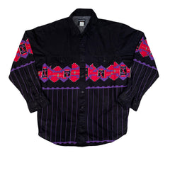 Vintage 90s black cotton western shirt with purple Aztec Navajo chest band pattern size large by Fro