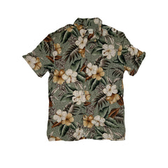 Vintage 90s rayon green brown beige floral pattern Hawaiian shirt size small