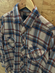 Vintage 90s beige blue check polyester cotton mix permanent press shirt size M