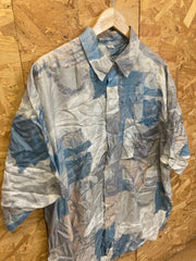 Vintage 90s men’s ugly abstract pastels pattern 100% silk beige grey blue festival short sleeve shir