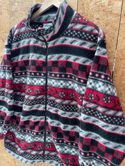 Vintage 90s red grey black aztec abstract pattern crazy print zip fleece size large by Alfred Dunner