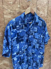 Vintage Gianni Ferozi Men's Blue Hawaiian Shirt Size M Summer Time Print