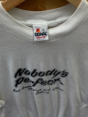 Vintage 90s quirky funny Nobody's Perfect single stitch white t-shirt size XL