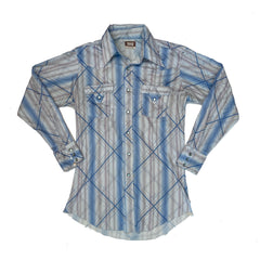 Vintage70s white blue abstract pattern polyester western cowboy shirt size large