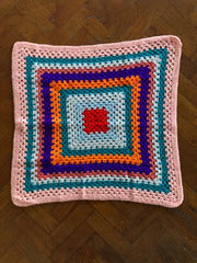 Vintage Handmade Granny Square Crochet Blanket Throw Pink Teal Orange Purple