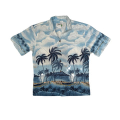 Vintage KY'S Made in Hawaii Men's Medium Blue White Palm Tree Hawaiian Shirt