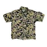 Vintage 90s rayon grey pastel green hibiscus pattern Hawaiian shirt size large