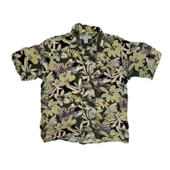 Vintage 90s rayon grey pastel green hibiscus pattern Hawaiian shirt size large