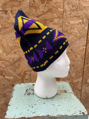 Vintage Geometric Knit Beanie Ski Winter sports Hat Navy Purple Yellow