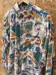 Vintage 90s yellow green beige abstract scrapbook pattern ugly print long sleeve shirt size large