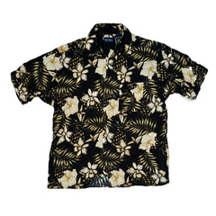 Vintage Y2K black magnolia hibiscus pattern rayon Hawaiian shirt size large