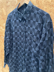 Vintage 90s dark grey black geometric chequered pattern rayon long sleeve shirt size large by Casa M