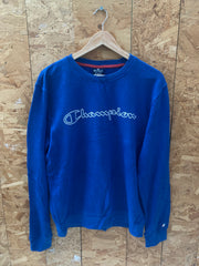Vintage 90s blue white spell out crew neck sweater size medium by Champion