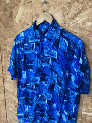 Vintage 90s blue Pacific Ocean fishing print Haiwaiian beach party shirt oversized XL by Giani Ferot