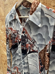 Vintage 70s brown abstract pattern long sleeve polyester shirt size large