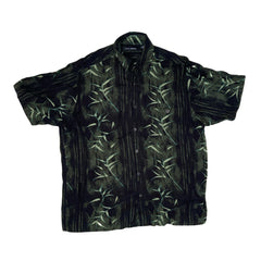 Vintage 90s viscose black green bamboo pattern Hawaiian shirt size medium