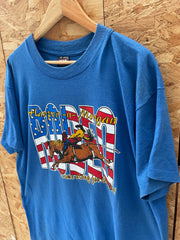 Vintage 90s Harper & Morgan Rodeo Schedule T-Shirt XL Blue Fruit of the Loom