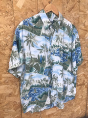 Vintage Y2K mens light green pale blue hibiscus palm trees print Hawaiian eccentric statement quirky
