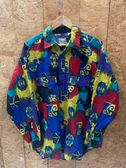 Vintage 90s blue red yellow abstract pattern western cowboy crazy shirt size L