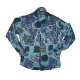 Vintage 90s blue turquoise abstract acid art ugly pattern long sleeve rayon shirt size large by Haup