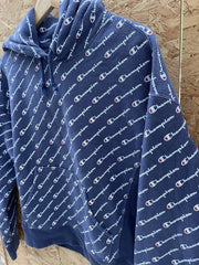 Champion Reverse Weave All-Over Logo Hoodie Sweatshirt Men's Medium Navy Blue