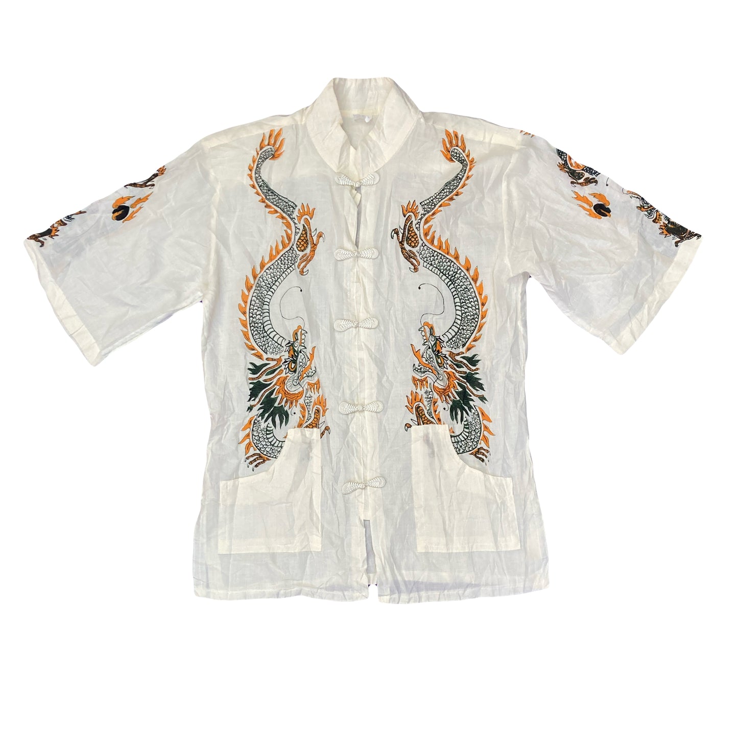 Vintage 90s cotton Chinese dragon block print traditional shirt size medium